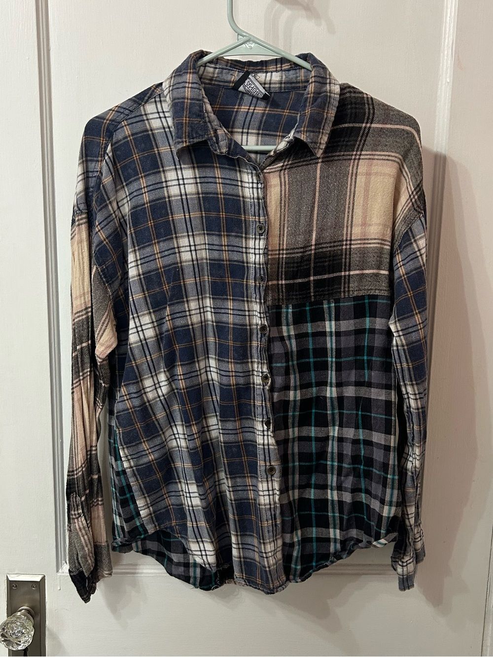 Angie Patchwork Plaid Button-Down Shirt in Blue, Black & Cream